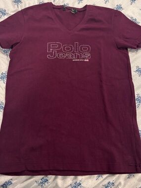 Polo by Ralph Lauren Women's V-Neck Tee in Burgundy with Stud Logo